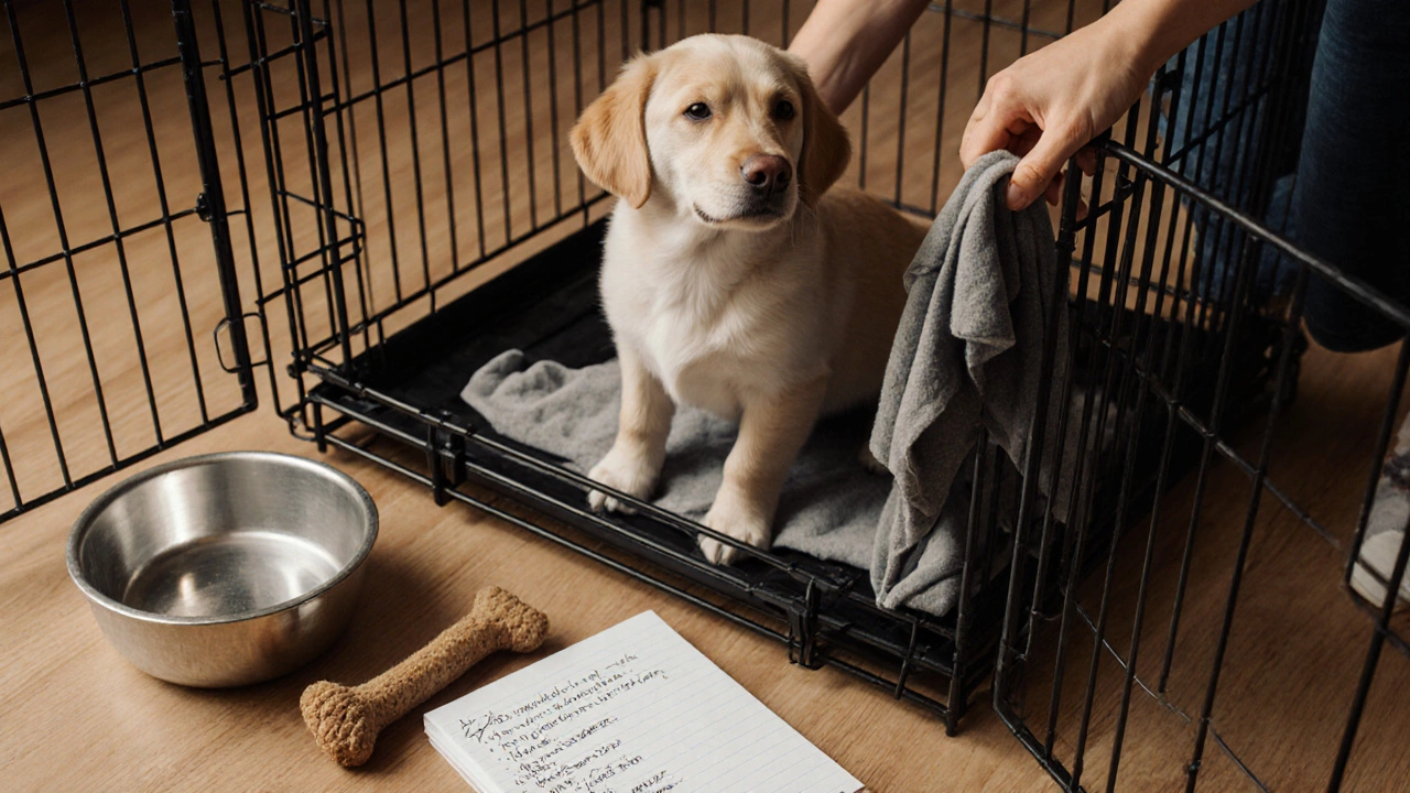 A calm puppy sits in an open crate as a hand places a familiar item inside, with a notebook nearby.