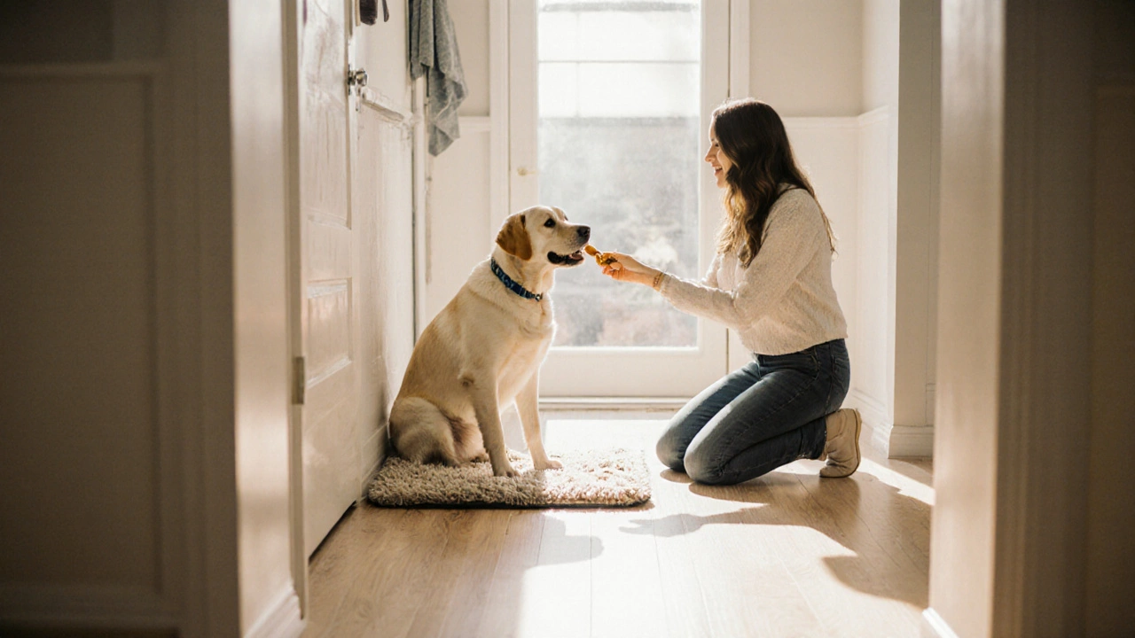 A dog sits calmly on a mat while its owner gives a cue and a treat, illustrating training.