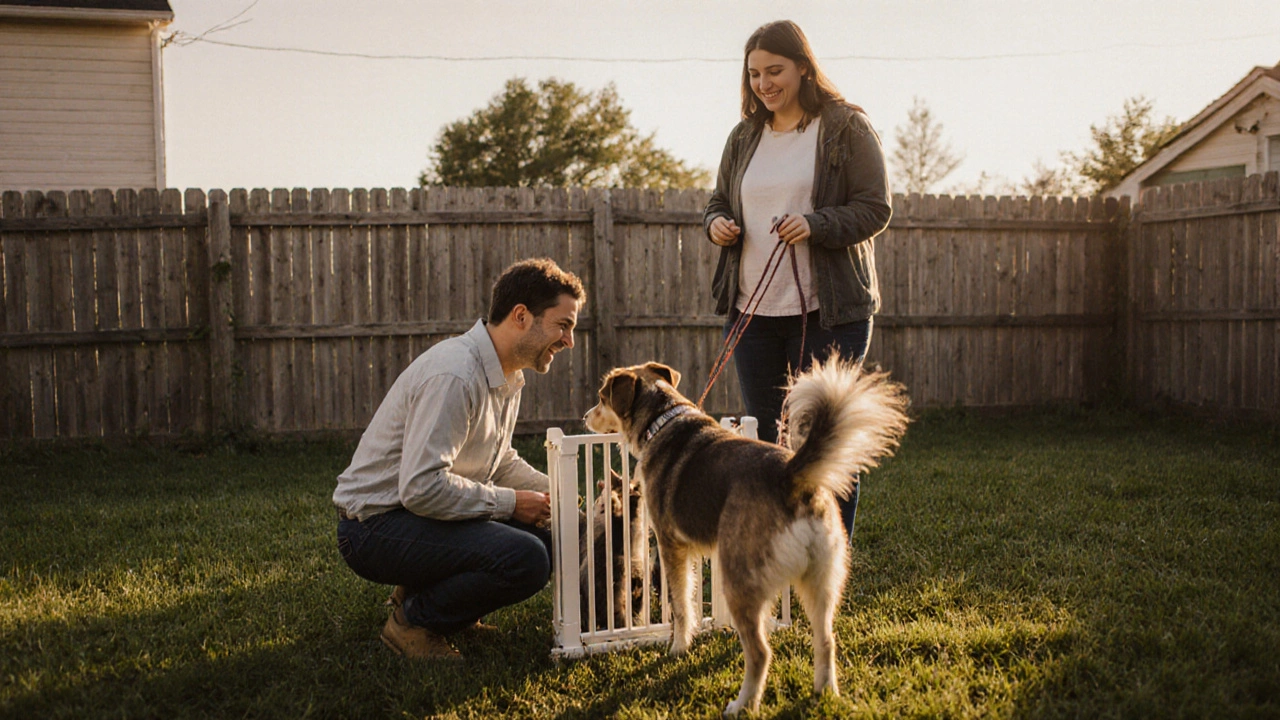 A family introduces their new rescue dog to their cat through a baby gate in the backyard.