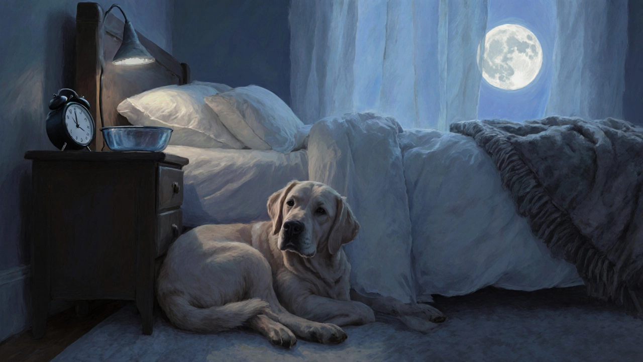 A Labrador rests on the floor beside a bed, one paw touching the sleeper, bathed in moonlight.