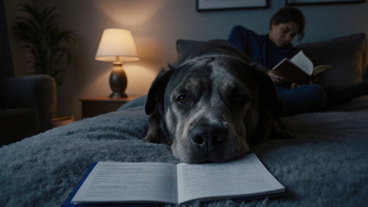 A senior rescue dog rests peacefully on a bed beside a reader in a cozy living room.