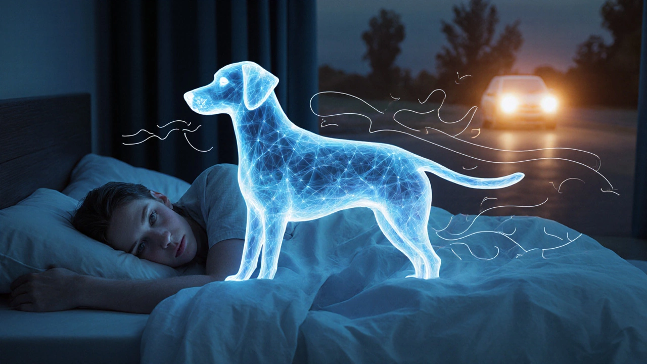 A transparent dog overlay shows scent, sound, and heat signals connecting it to a sleeping human.