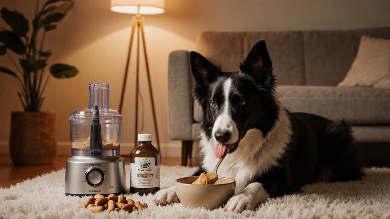 Border collie licking peanut butter next to a food processor with peanuts.