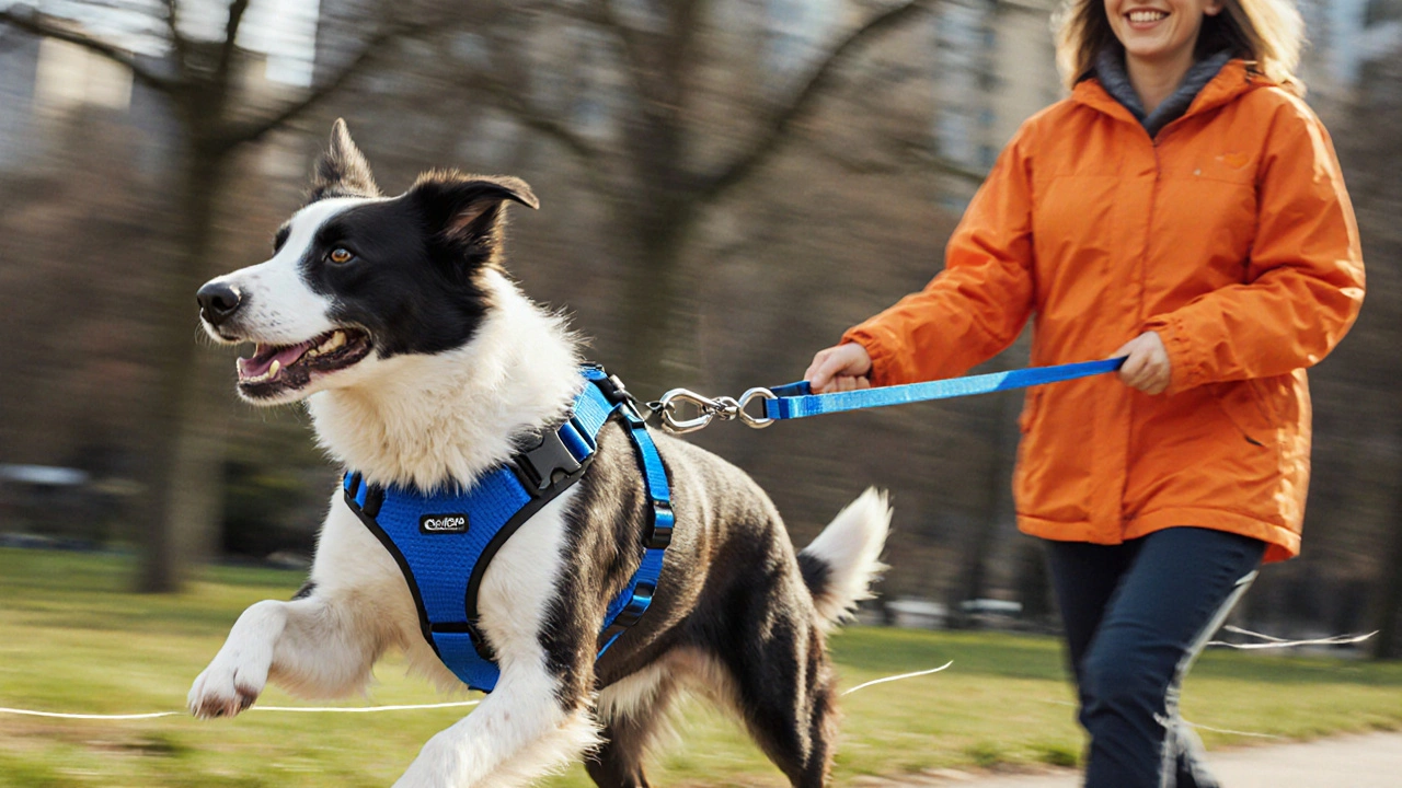 Border Collie pulls, front‑clip harness redirects dog toward owner during a walk.