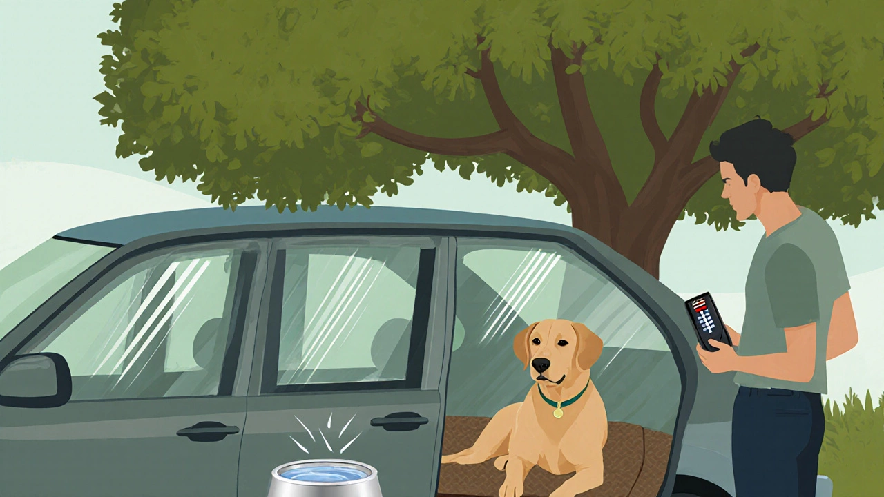 Car parked in shade with open windows, dog resting beside a water bowl and a temperature sensor.