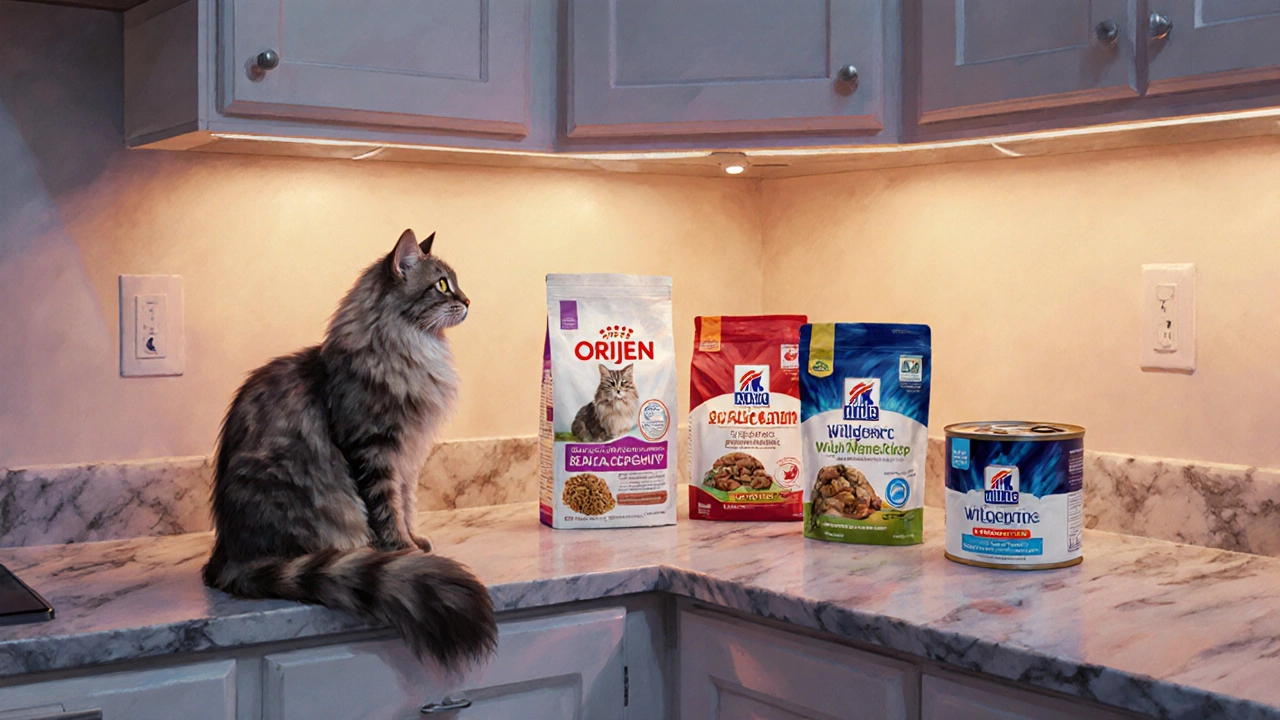Cat examining four different cat food packages on a kitchen counter.