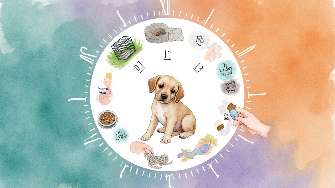 Circular illustration showing icons for feeding, nap, potty, play and socialization around a puppy.