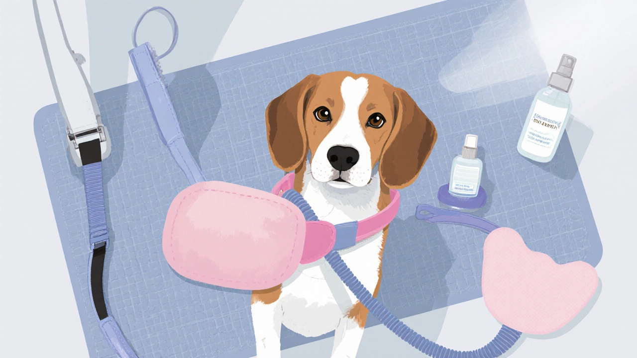 Close‑up of grooming tools: table, loop, muzzle, and pheromone spray on a mat.