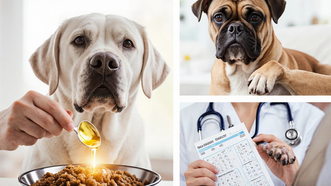 Collage of senior Labrador getting fish oil, Boxer receiving coconut oil, and vet guidance.
