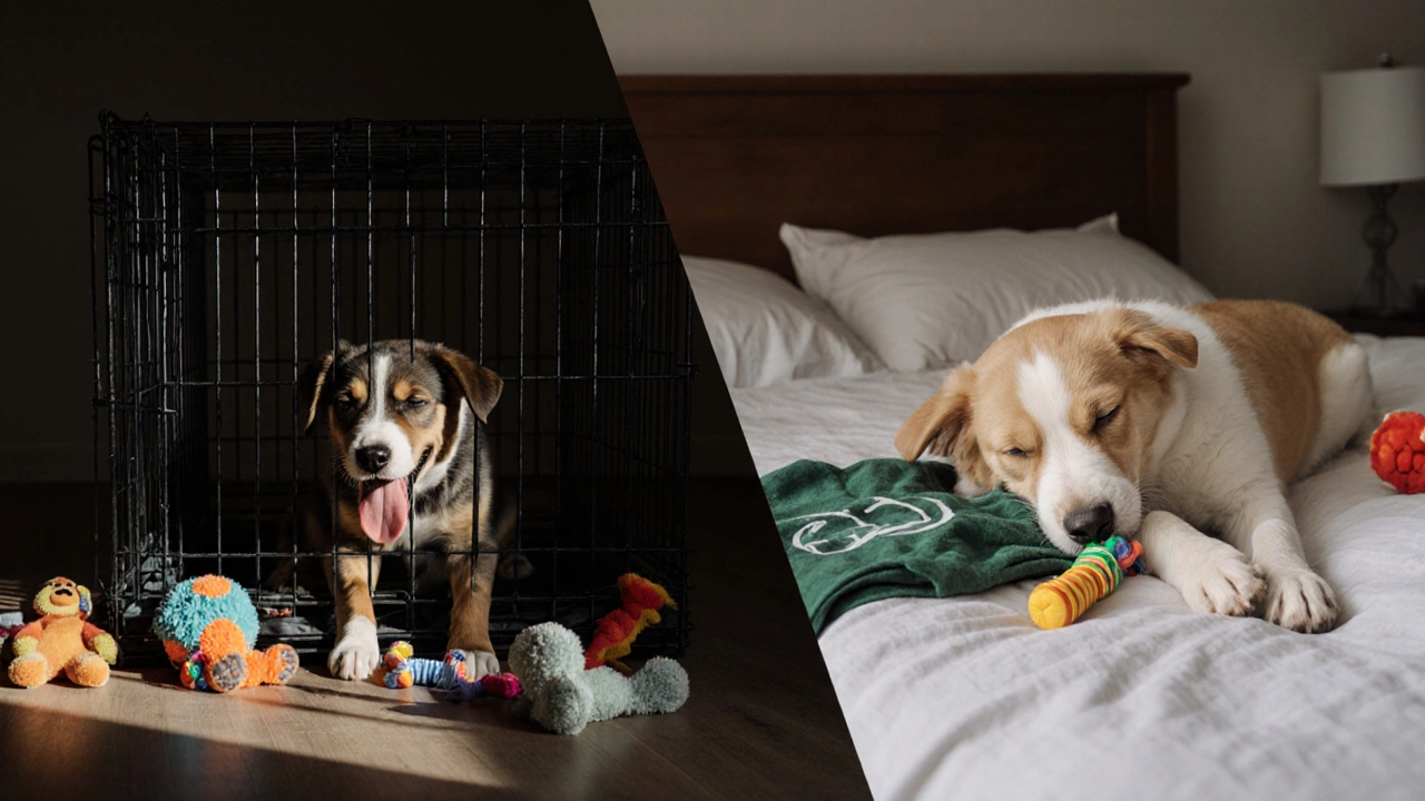 Contrasting images: one puppy chews a crate in distress, another sleeps calmly beside a bed with safe items.