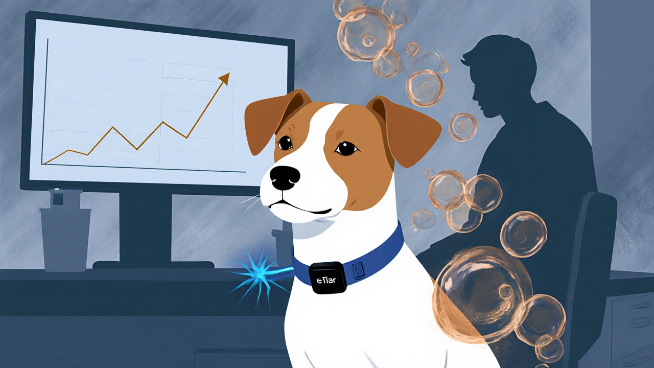 Dog wearing an e‑collar with floating cortisol molecules illustrating stress.