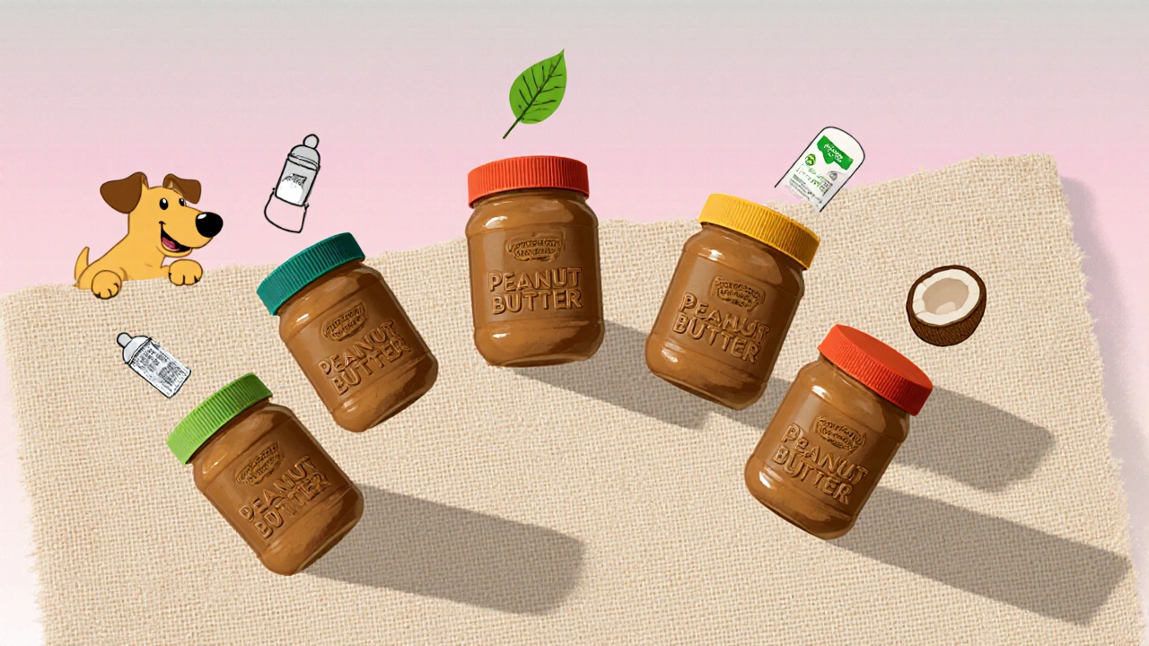 Five peanut butter jars fanned out with icons, dog looking at them.