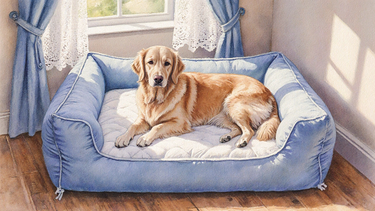 Golden Retriever relaxing on a large orthopedic memory‑foam bed.
