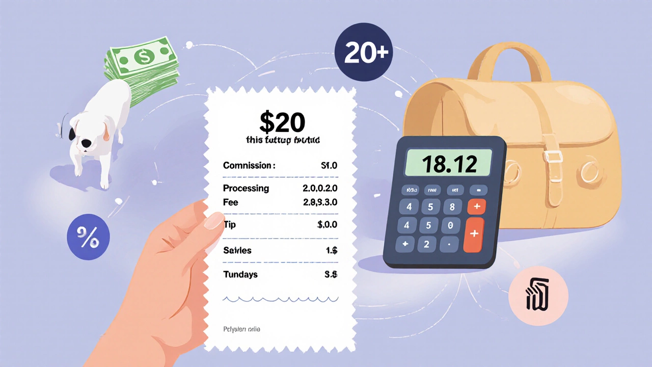 Hand holding a receipt and calculator showing the walk fee breakdown and .12 payout.