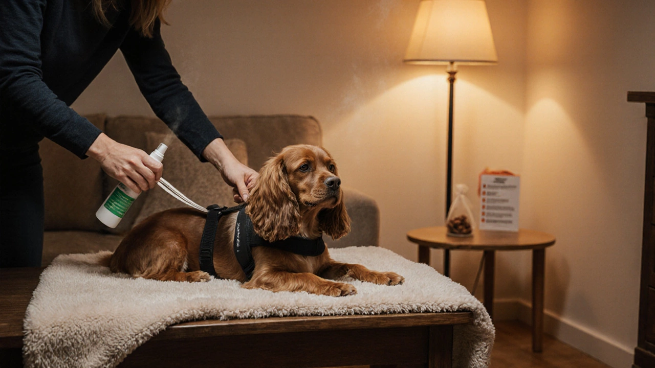 Home grooming setup with owner, calm dog, restraint belt, and mist.