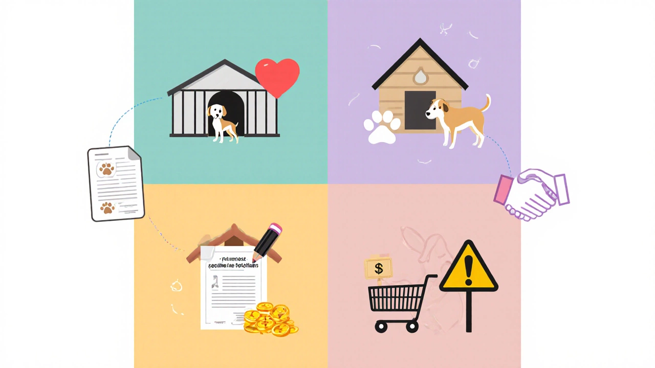 Illustrated decision matrix showing shelter, rescue, breeder, and pet store options.