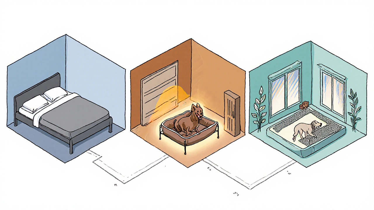Illustration of a house showing an orthopedic bed in a bedroom, heated bed in a garage, and mesh bed in a sunroom.
