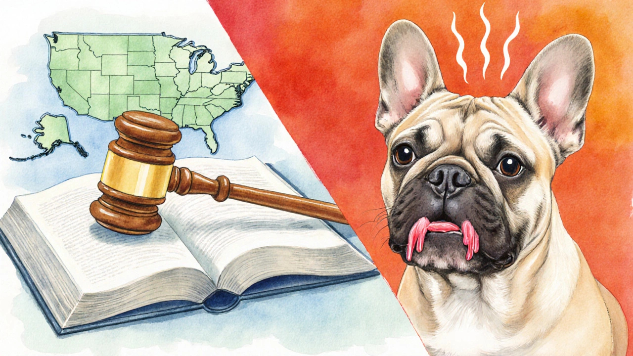 Illustration split: law book and gavel on one side, overheated bulldog with red gums on the other.
