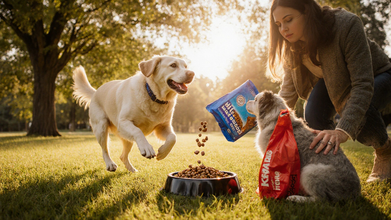 Labrador running in a park with owner feeding it, senior dog nearby eating from a bowl.