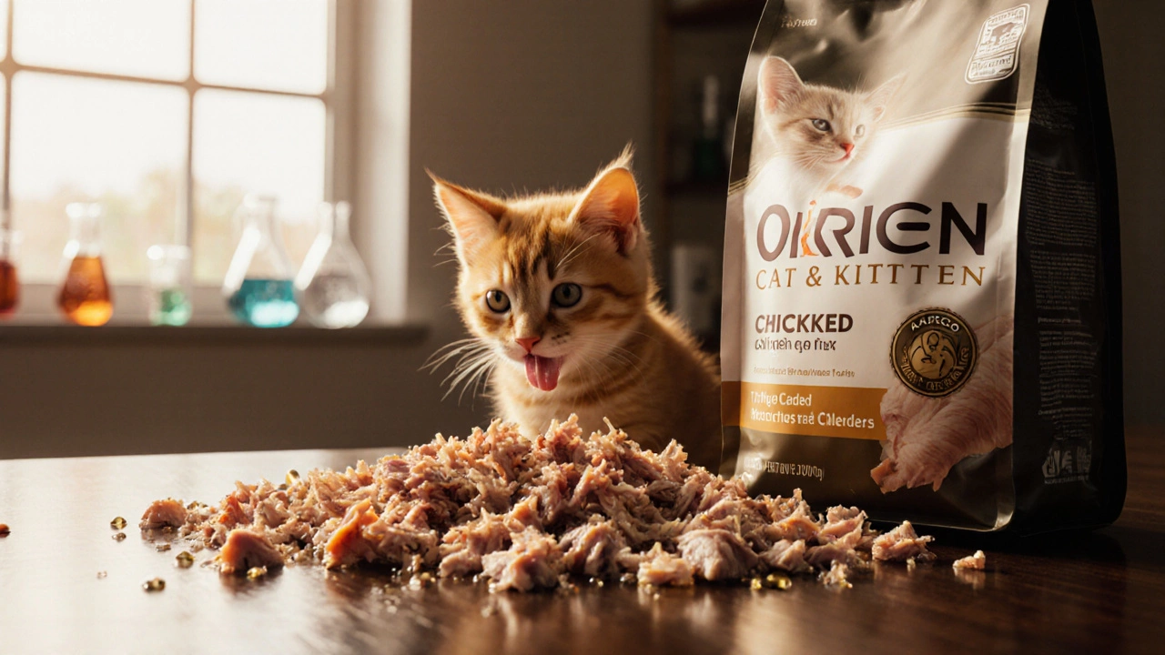 Open Orijen Cat & Kitten bag surrounded by fresh meat ingredients.