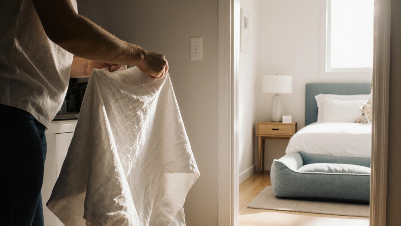 Owner folds a washed dog bed in a bright laundry room, with a clean orthopedic bed visible in a bedroom.