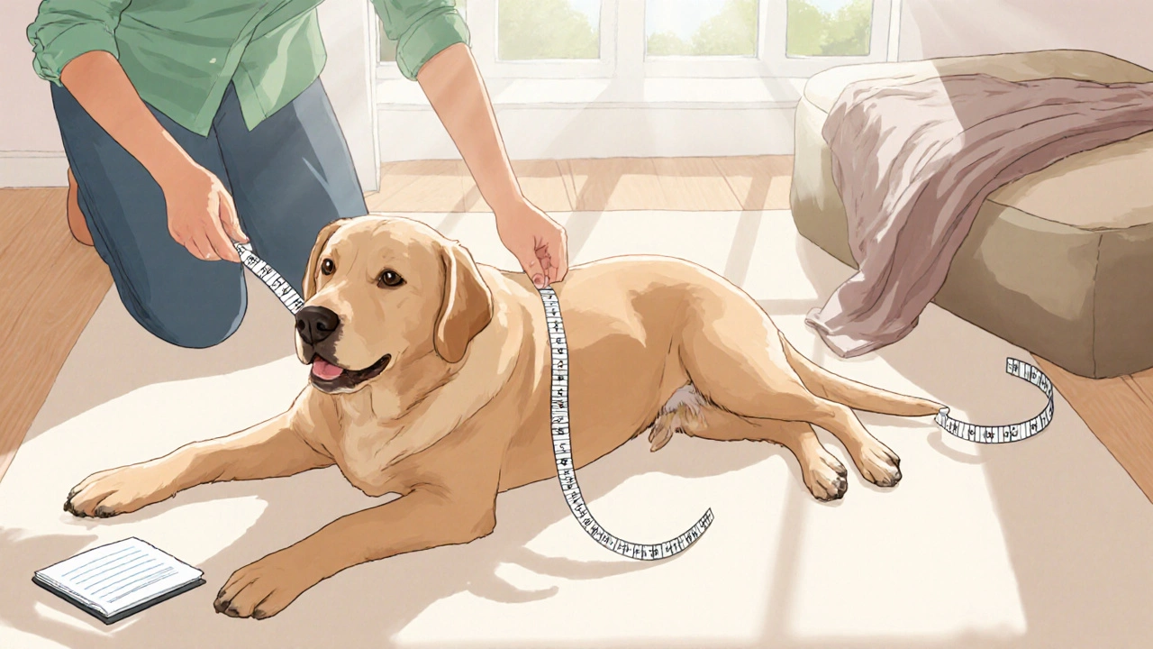 Owner measuring a stretched Labrador with a tape on a rug.