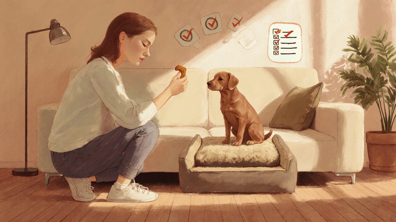 Owner training puppy on couch etiquette with treats and pet bed.