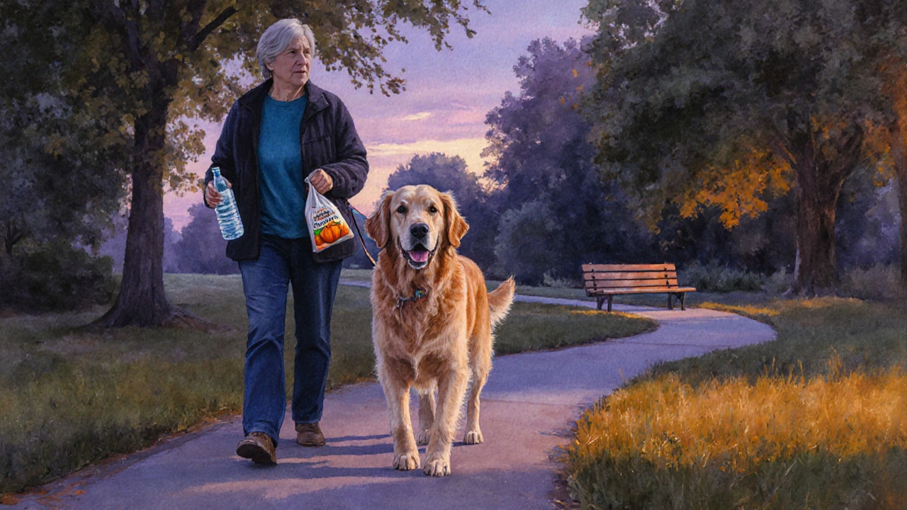 Owner walking a senior Golden Retriever at dusk with water and pumpkin.