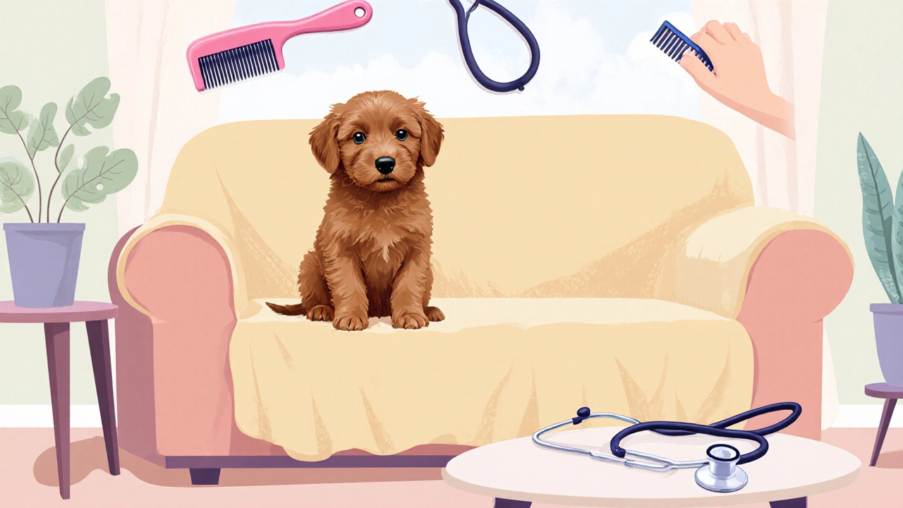 Puppy on a covered couch surrounded by grooming and health tools.