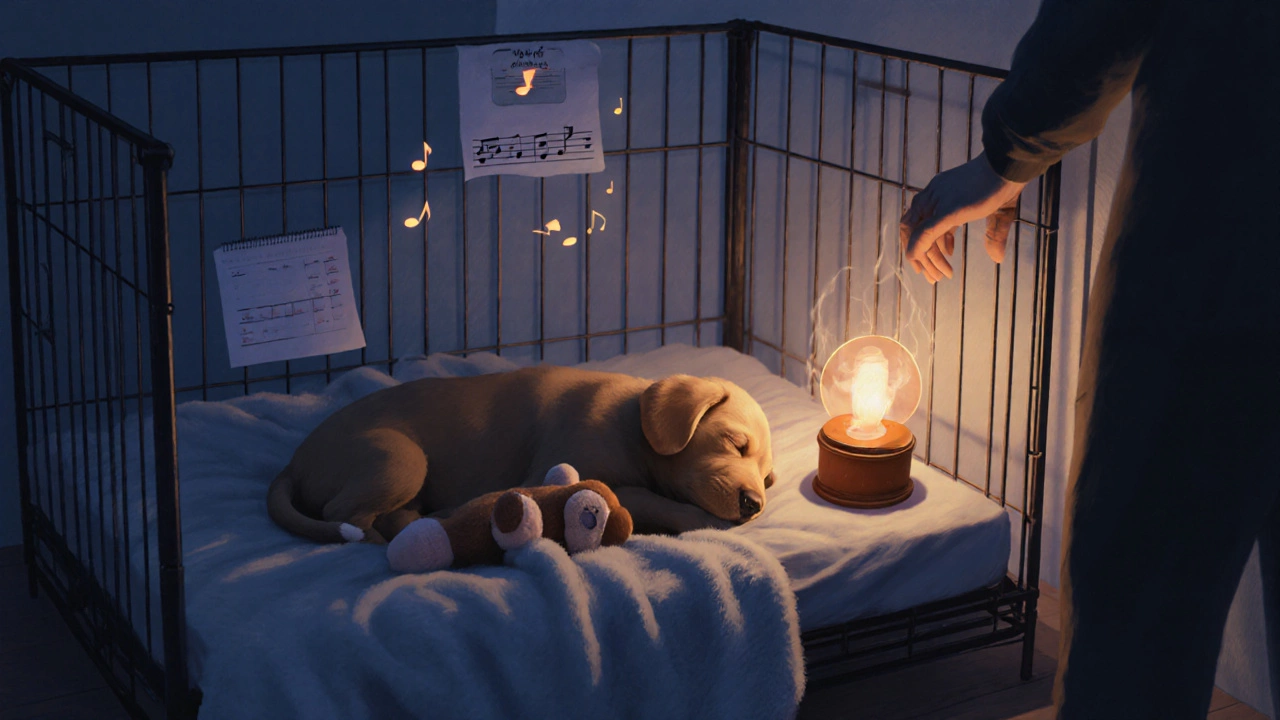 Puppy sleeps in a dimly lit crate with a blanket, toy, and gentle music notes floating nearby.