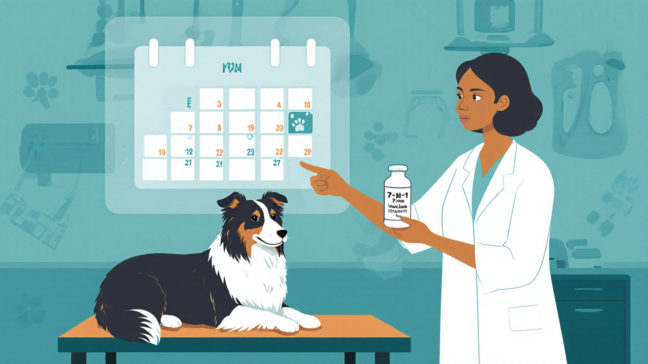 Senior dog with vet showing a calendar overlay of vaccine booster dates.