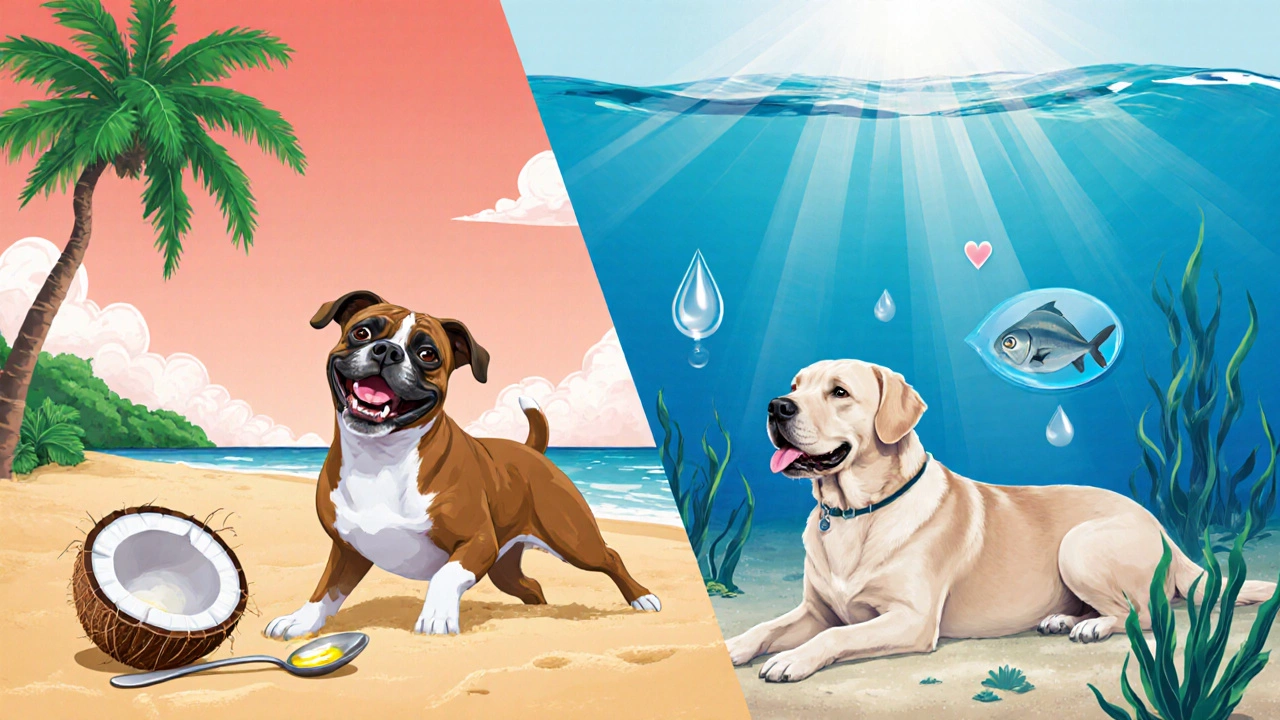 Split view: Boxer on beach with coconut oil, Labrador underwater with fish oil.
