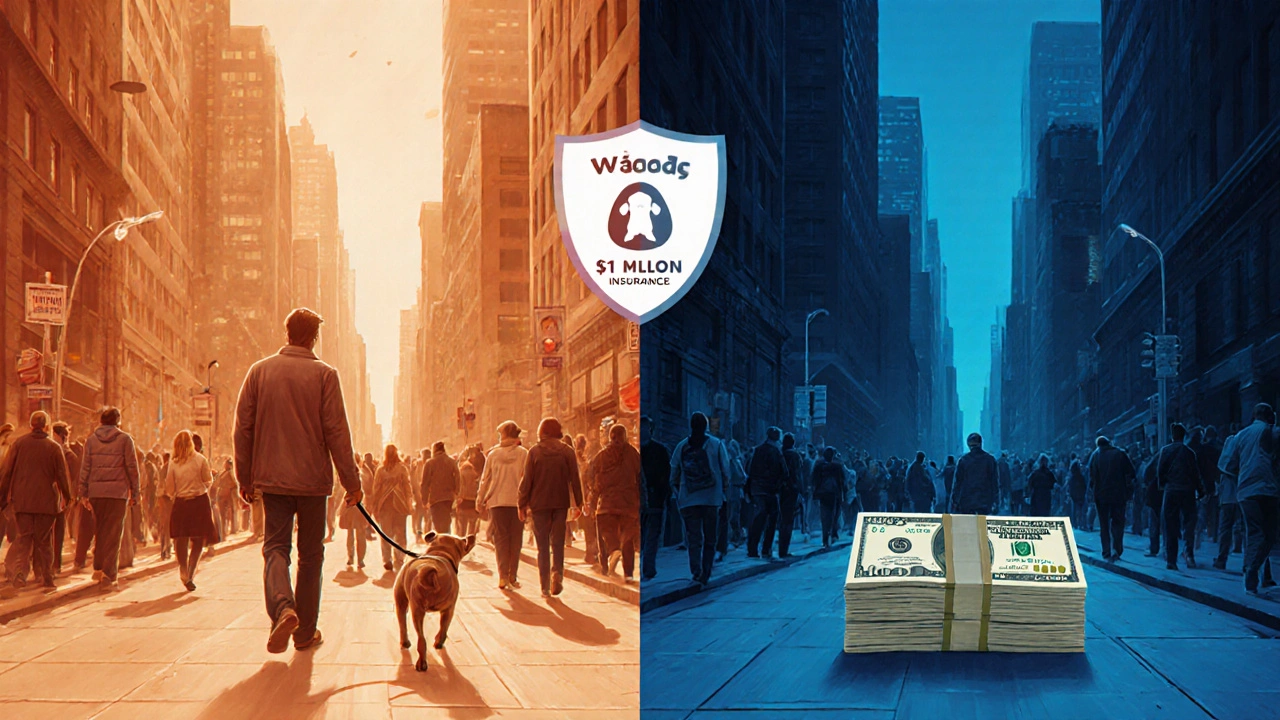 Split view of two dog walkers, one with a busy crowd and insurance shield, the other with a smaller group and cash.