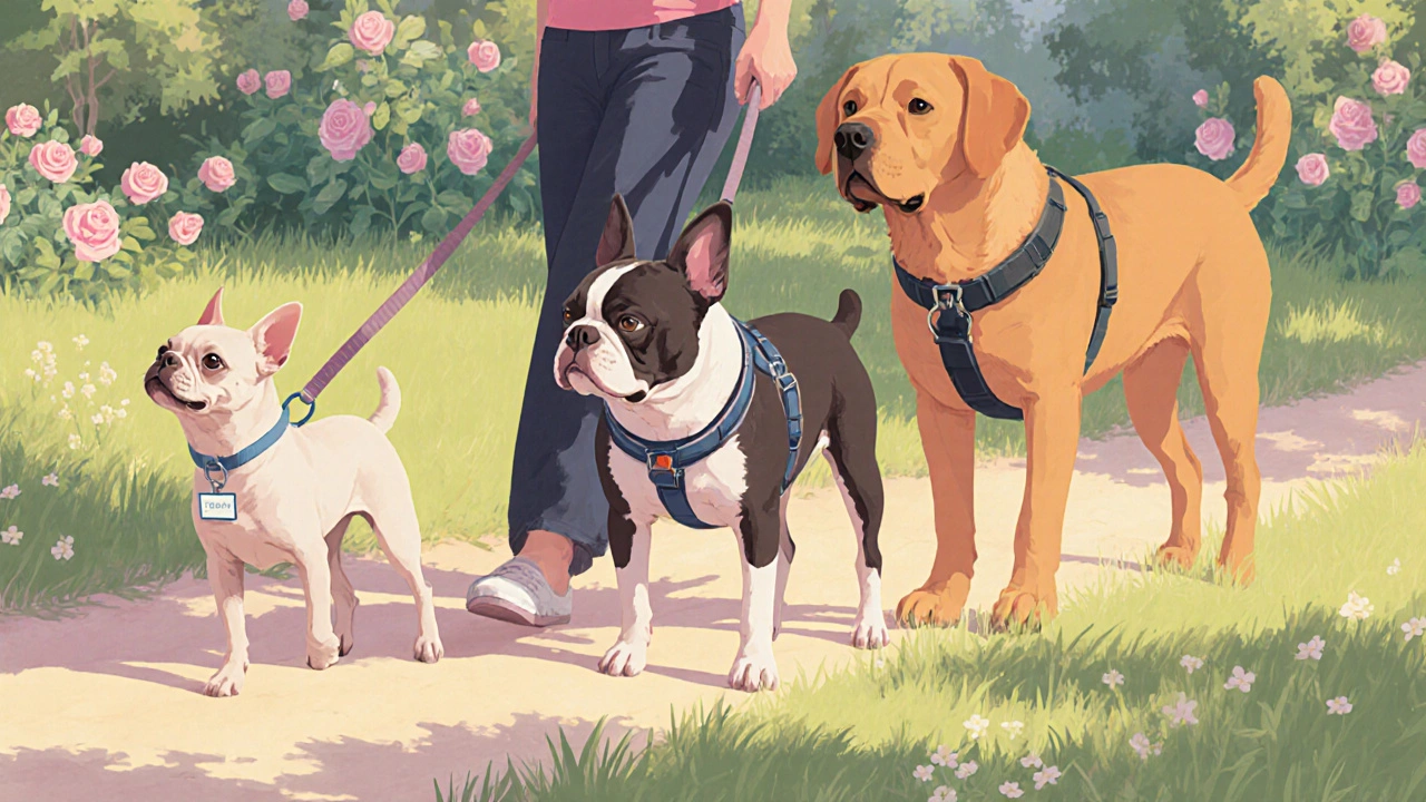 Three dogs of different sizes wear appropriate collars or harnesses while walking in a garden.