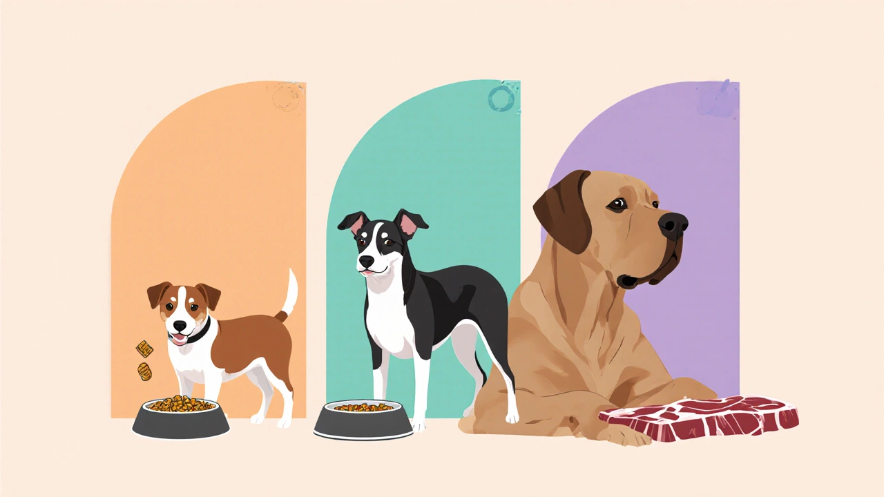 Three dogs of different sizes with kibble, wet food, and raw meat.