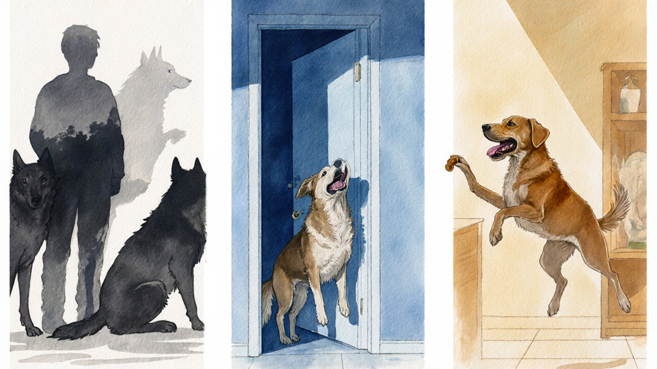 Three side‑by‑side scenes show pack loyalty, bathroom anxiety, and reward conditioning in a dog.