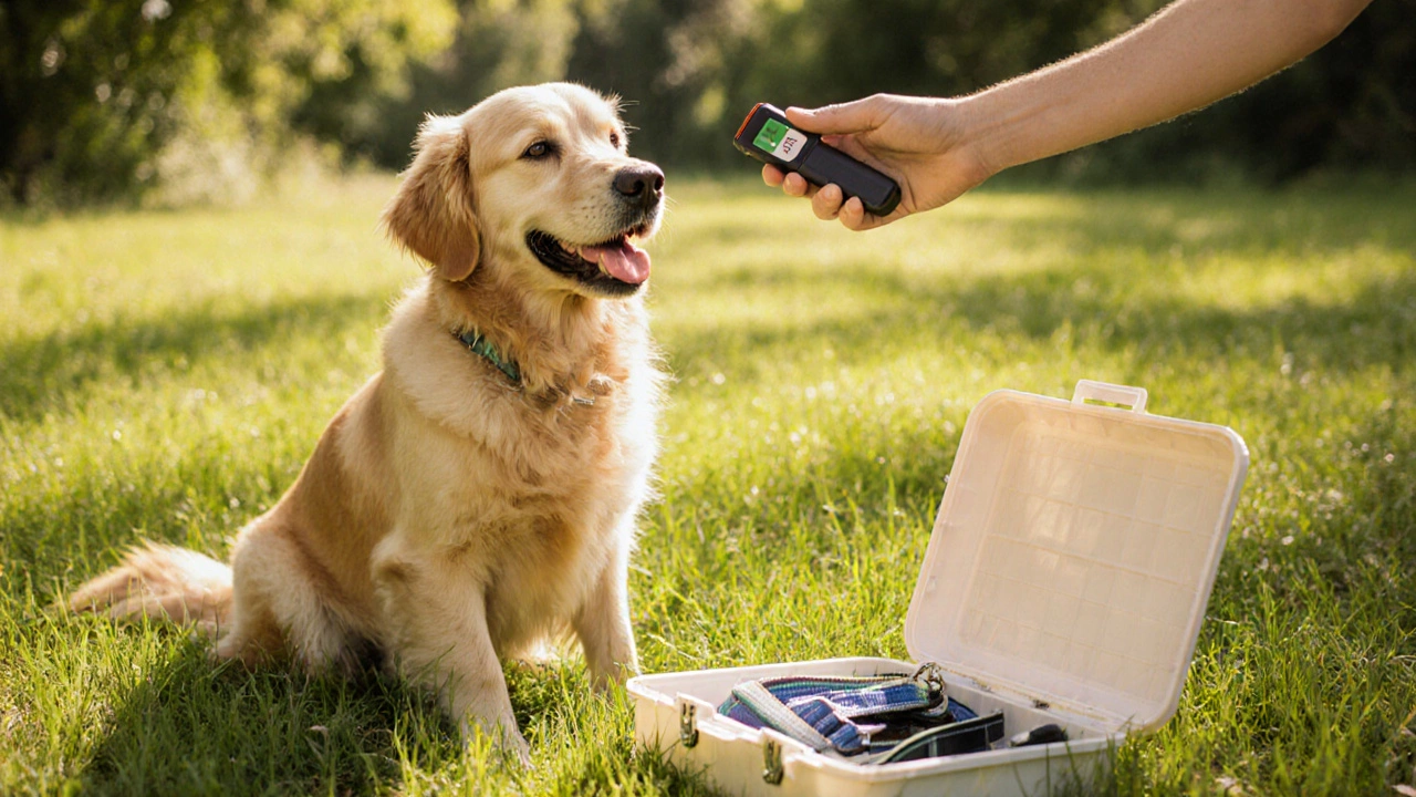 Trainer using a clicker and treat to teach a happy dog in a park.