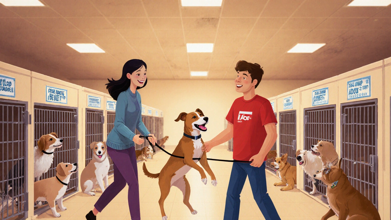 Volunteer handing a mixed‑breed dog to a new owner inside a clean animal shelter.
