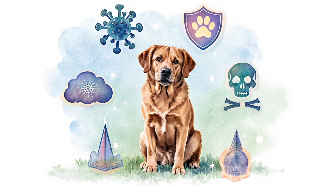 Watercolor collage of a dog surrounded by icons of the seven covered diseases.