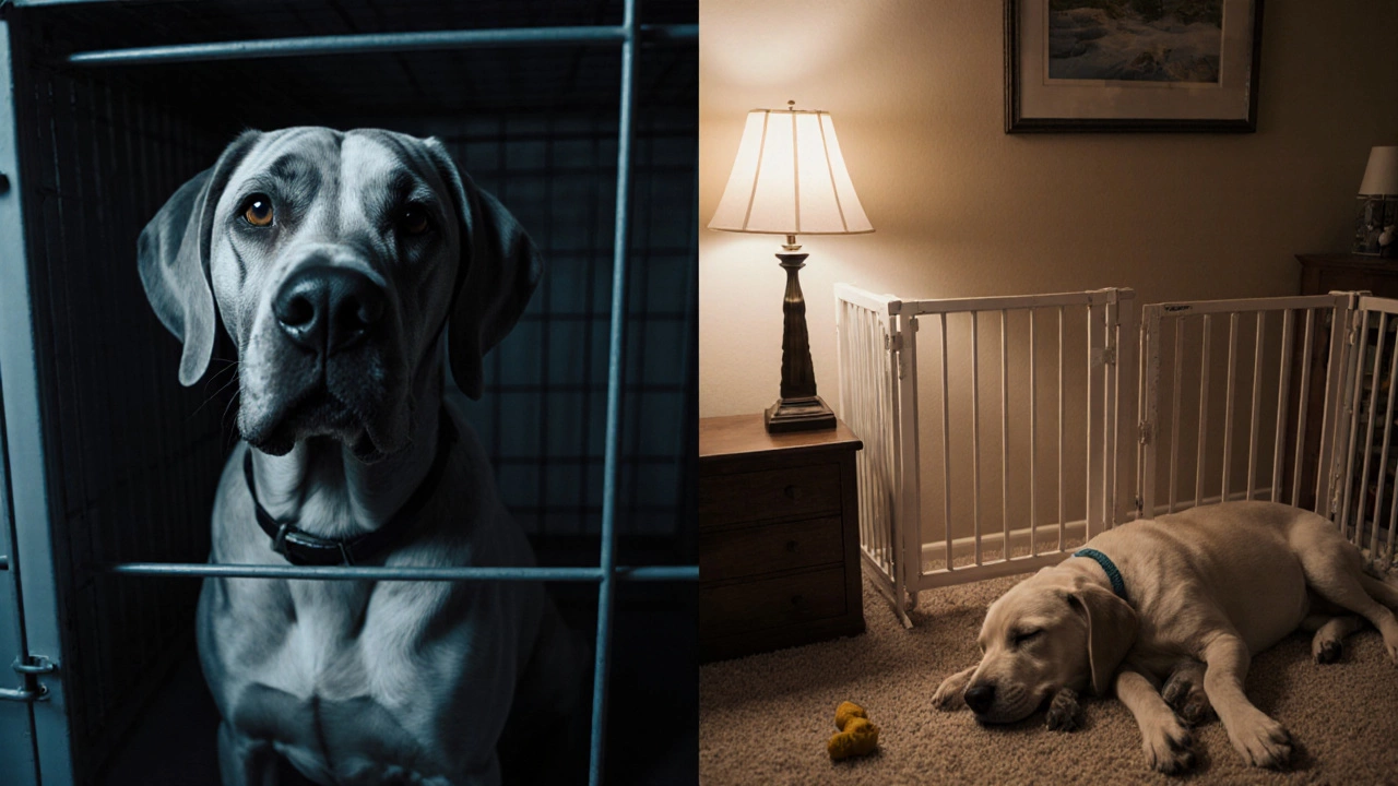 A Great Dane contrasted between confined crate and safe open space at night.
