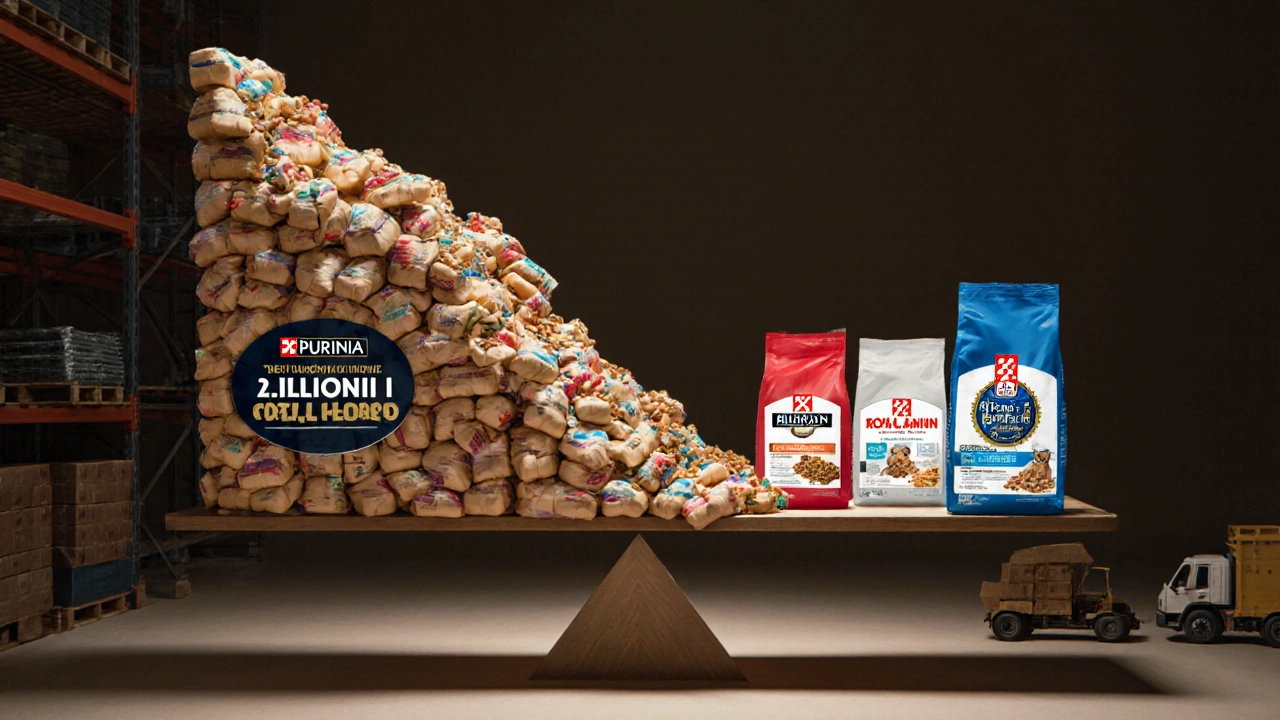 A scale showing Purina dog food sales outweighing three competing brands combined.