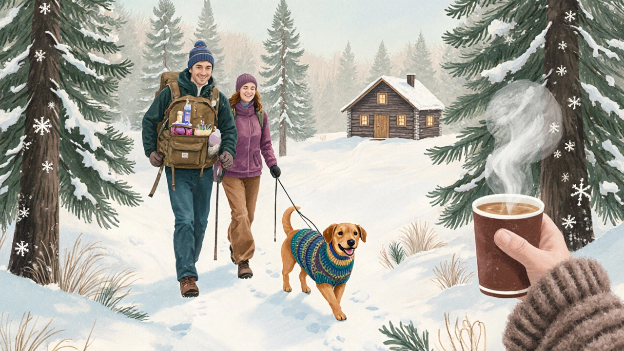 A Vermont family hiking with their dog through snowy forests, carrying a grooming kit.
