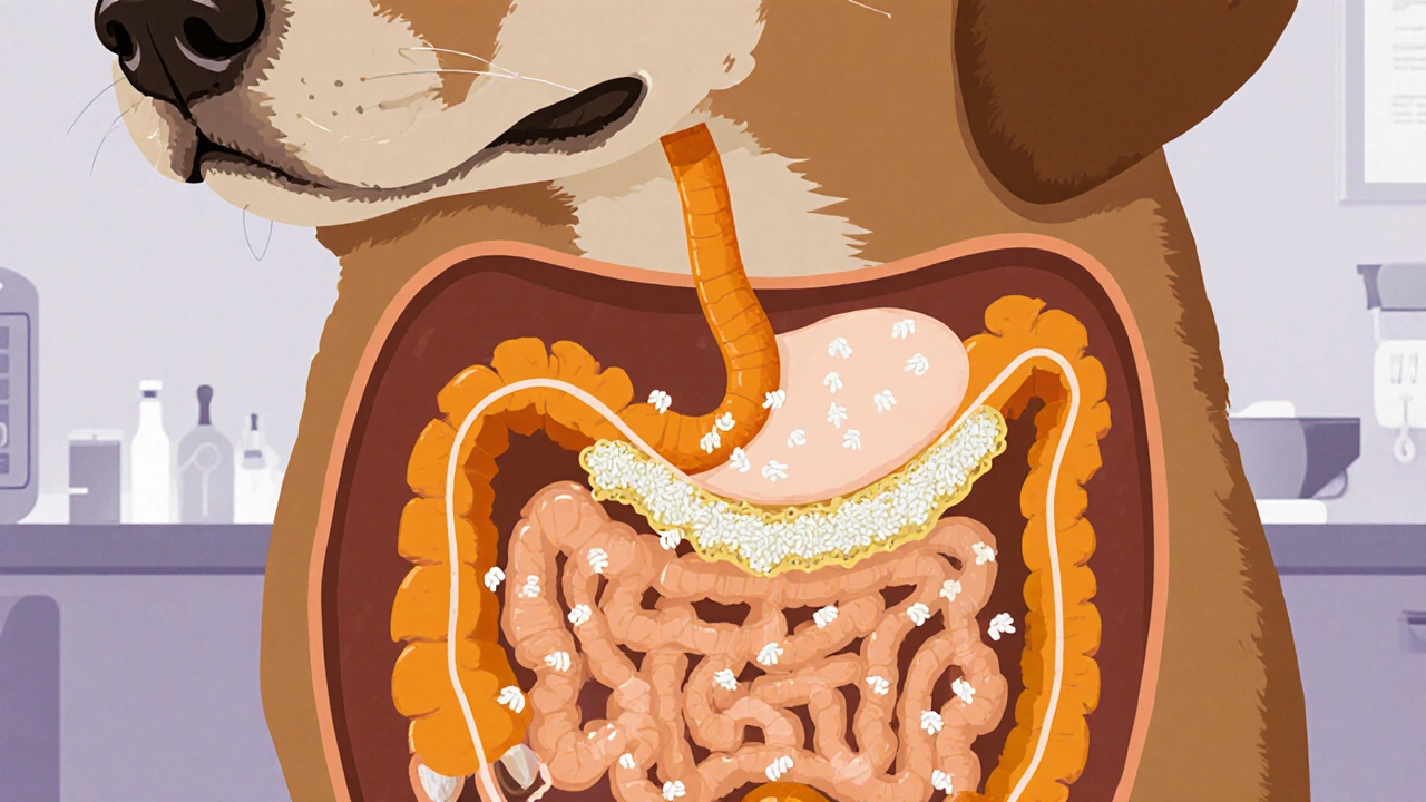 Cross-section of dog&#039;s gut showing pumpkin fiber absorbing water.