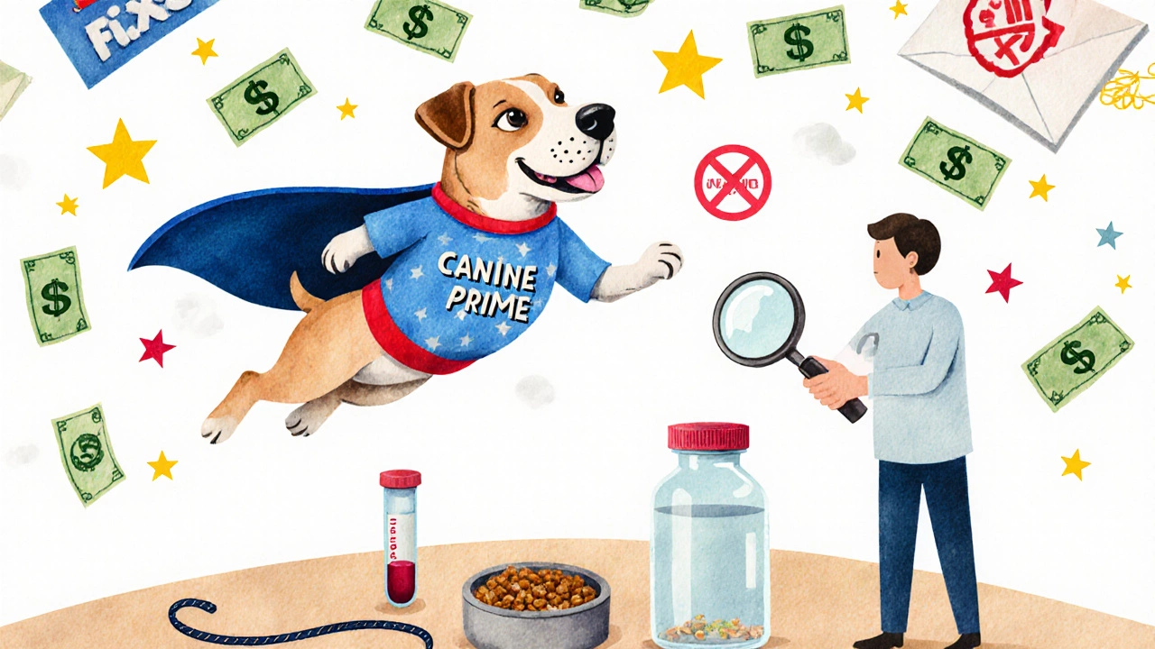 Dog in cape flies over money and ads, while vet examines empty supplement bottle below.