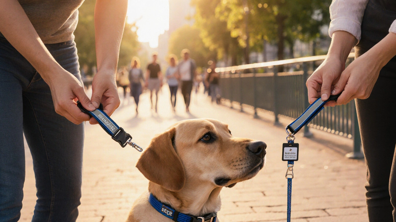 Owner switching between breakaway and quick release collars on a dog in a park.