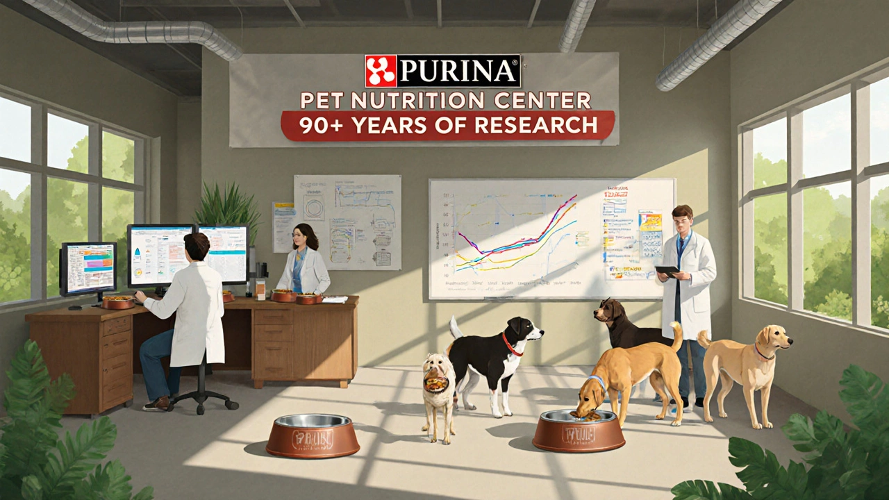 Scientists at Purina&#039;s nutrition center studying dog health data, with real dogs eating in a home-like lab setting.