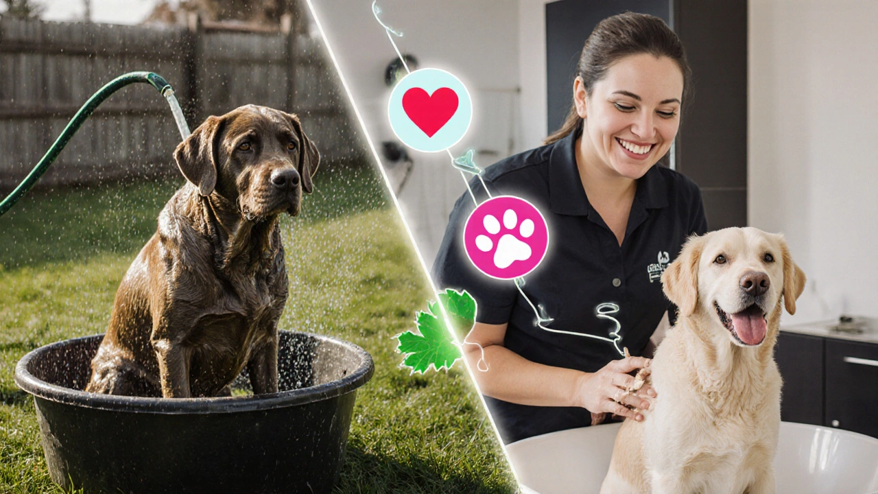 Split image: a muddy dog being bathed at home versus a clean dog receiving professional grooming.
