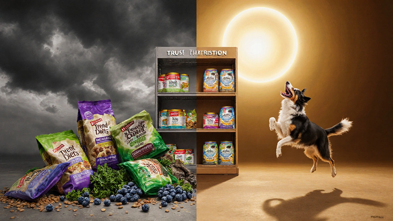 Split image showing chaotic trend dog foods on one side and orderly Purina products on the other, with a happy dog leaping toward the right.