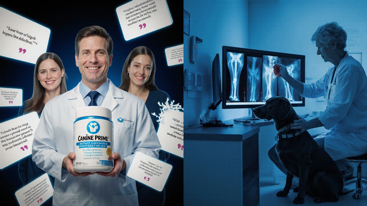 Split-screen: flashy YouTube ad for Canine Prime vs. real vet examining dog with X-ray monitor.