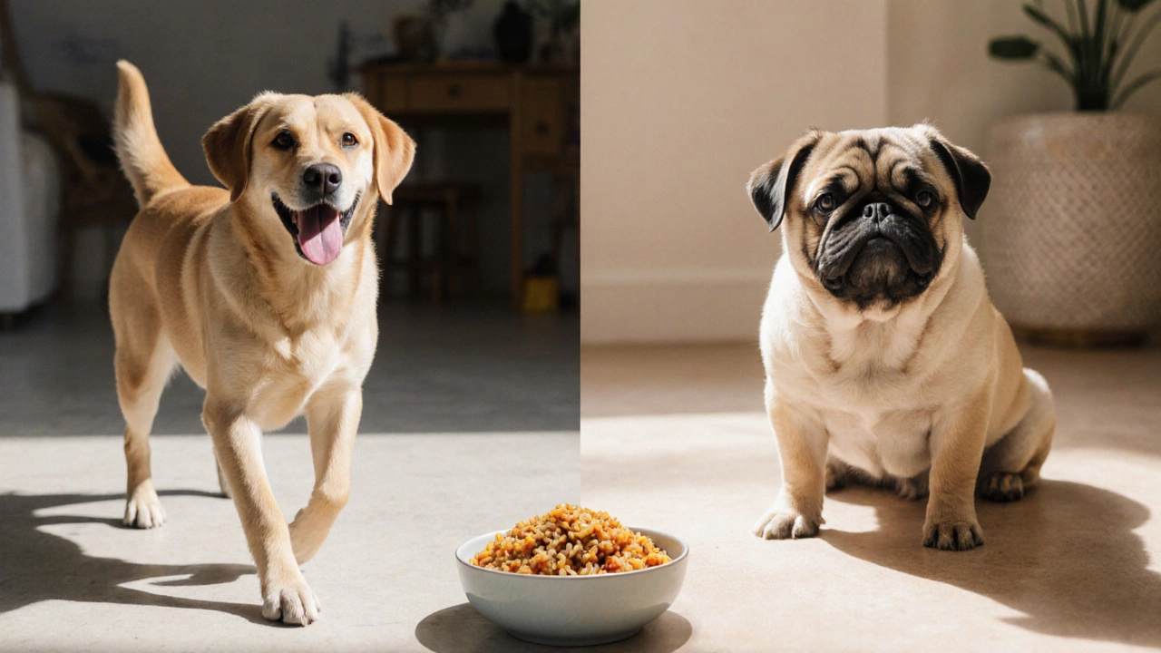Two dogs side by side—one healthy, one sick—with food bowl in front.